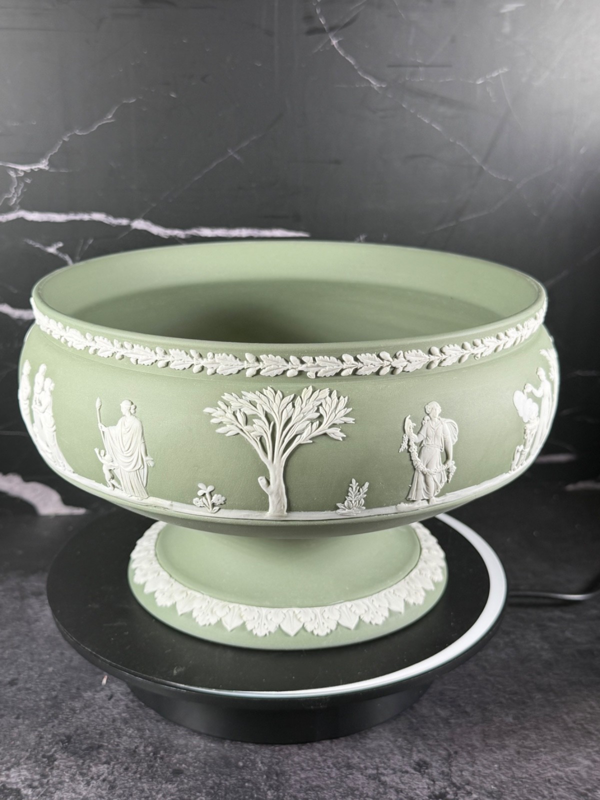 Vintage Wedgewood celadon green jasperware pedestal fruit bowl 5 1/4