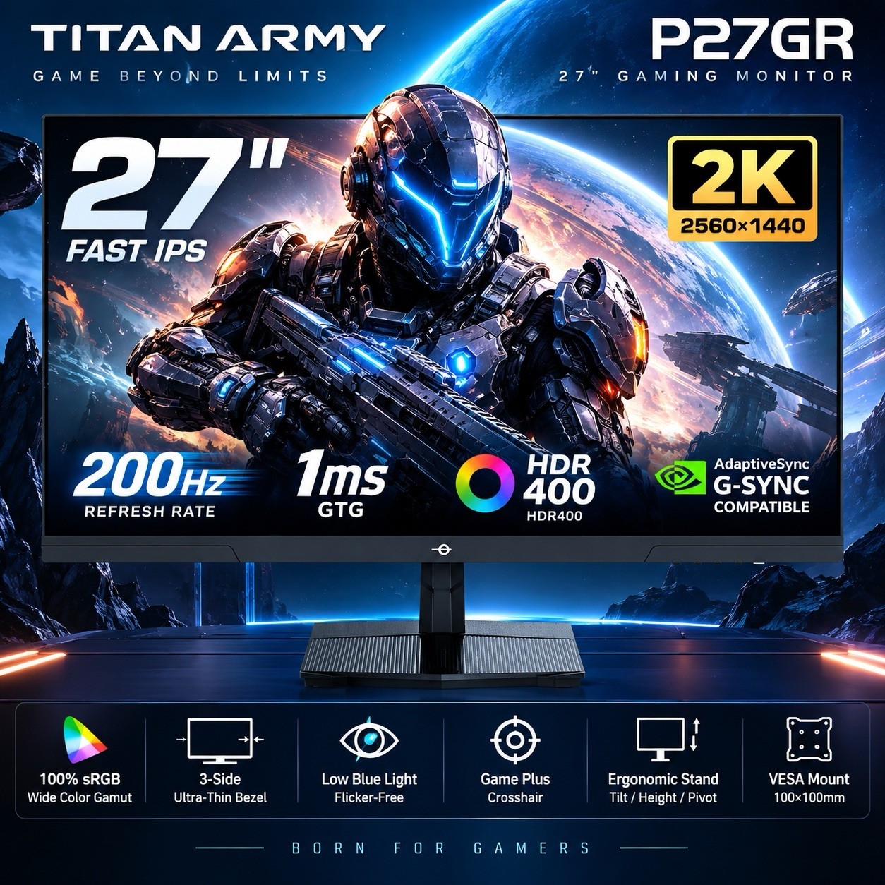 TITAN ARMY P27GR 27” QHD 2560x1440 200Hz Fast IPS Gaming Monitor 1ms HDR400