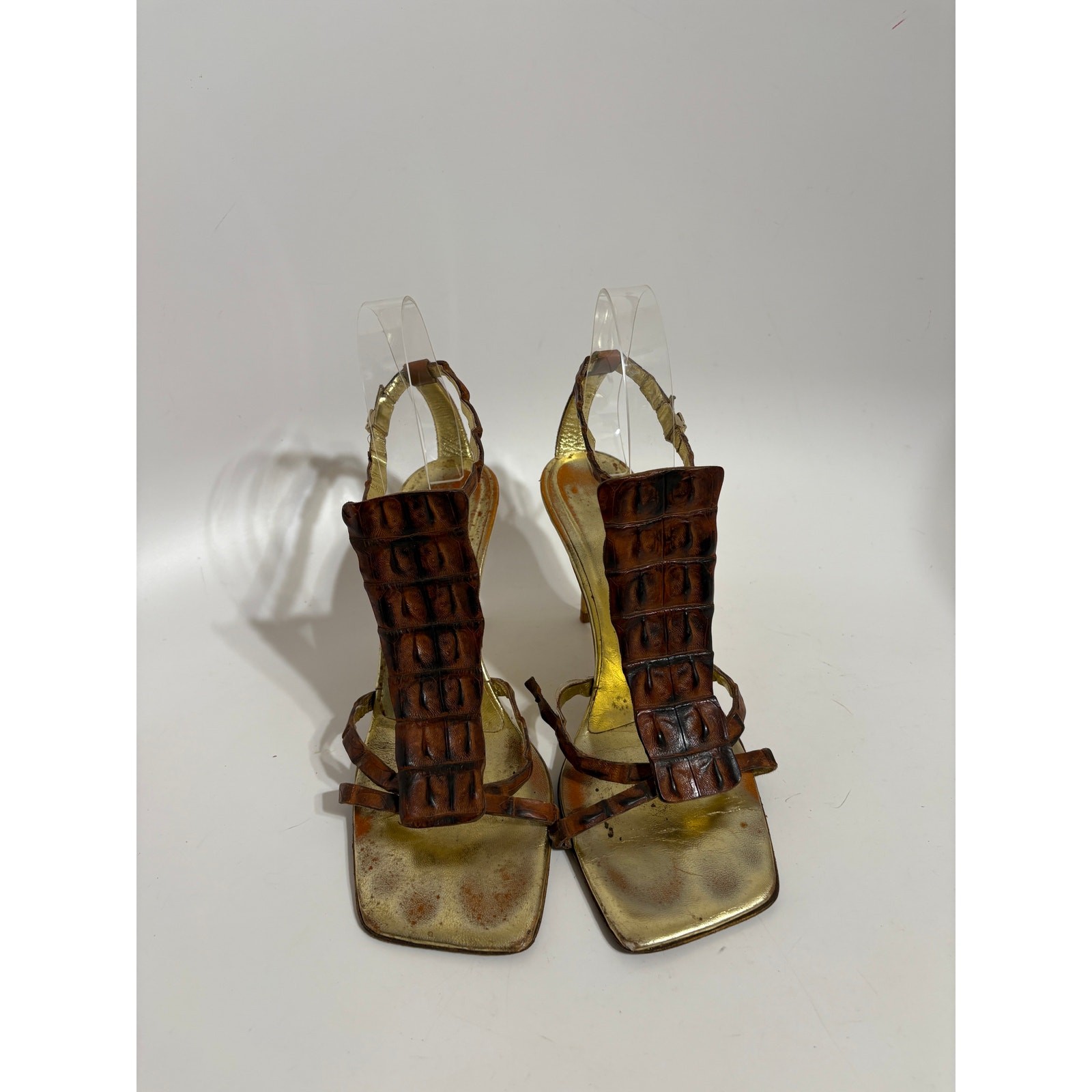 Vtg Roberto Cavalli Brown Croc Leather Sandal Heels 39