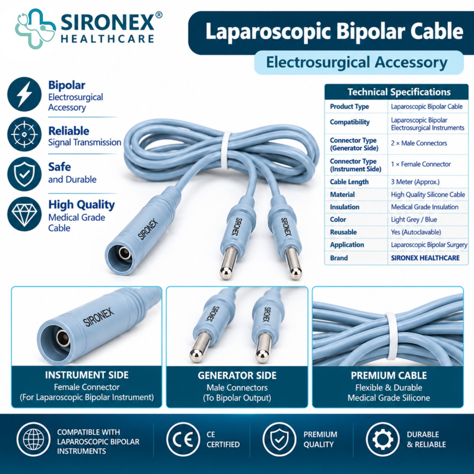 Laparoscopic Bipolar Cable 3M Medical Grade Silicone
