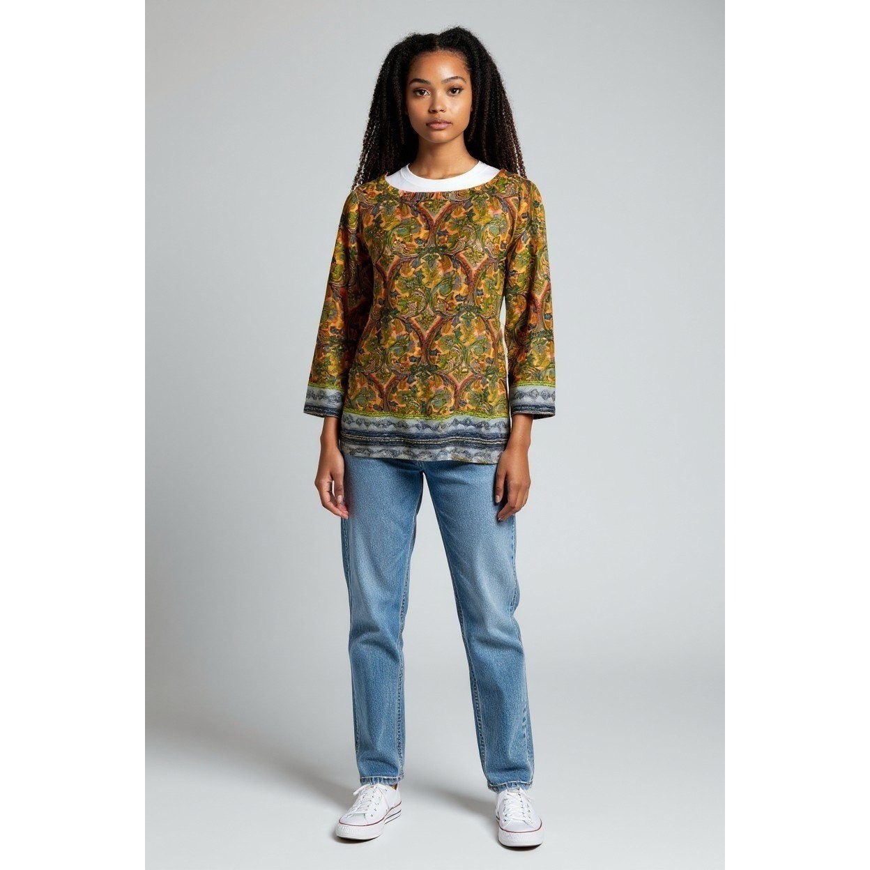 LOFT Women\'s Small S Paisley Print Tunic Top Blouse Pullover Orange Green Blue