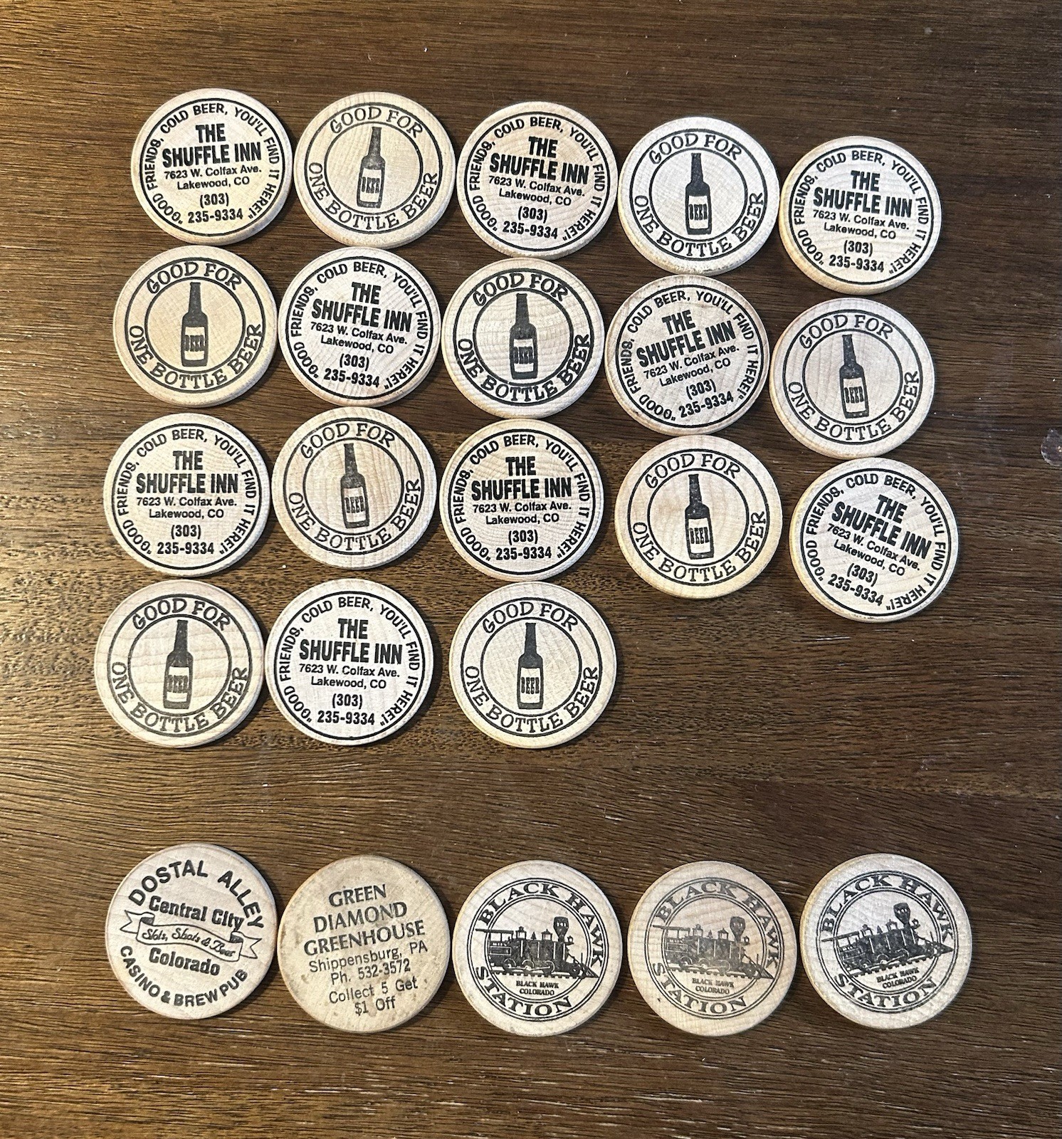 Lot of 23 Vintage Wooden Nickels / Drink Tokens Exonumia Souvenir Coins Wood