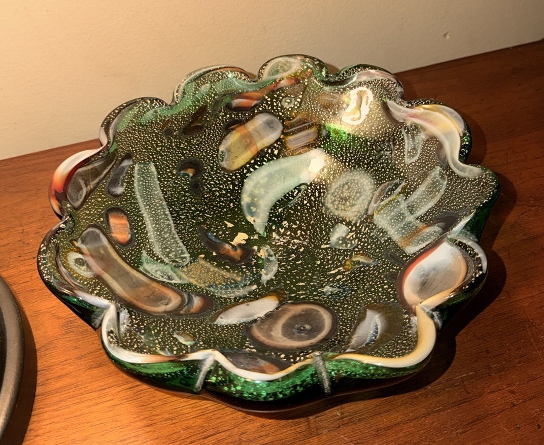 Murano Venetian AVeM Byzantine Confetti Bowl Emerald Gold Inclusions - Italy
