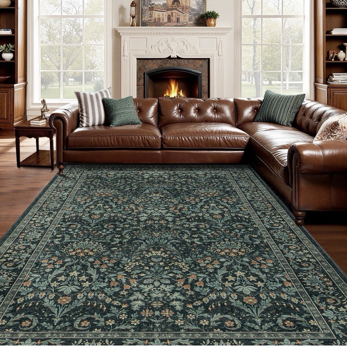 5×8 Dark Green Washable Floral Area Rug,Vintage Boho Soft Low-Pile Living Room
