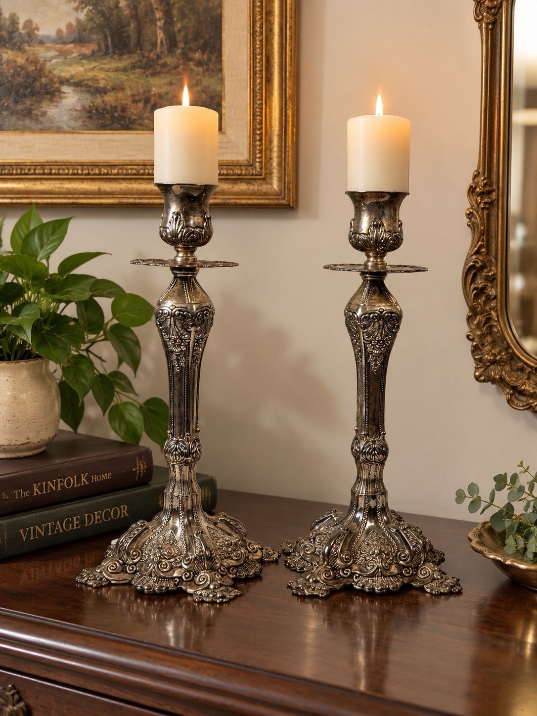 Vintage Pair Studio Silverplate Repoussé Rococo Candlesticks w/ Drip Pans 11.5\