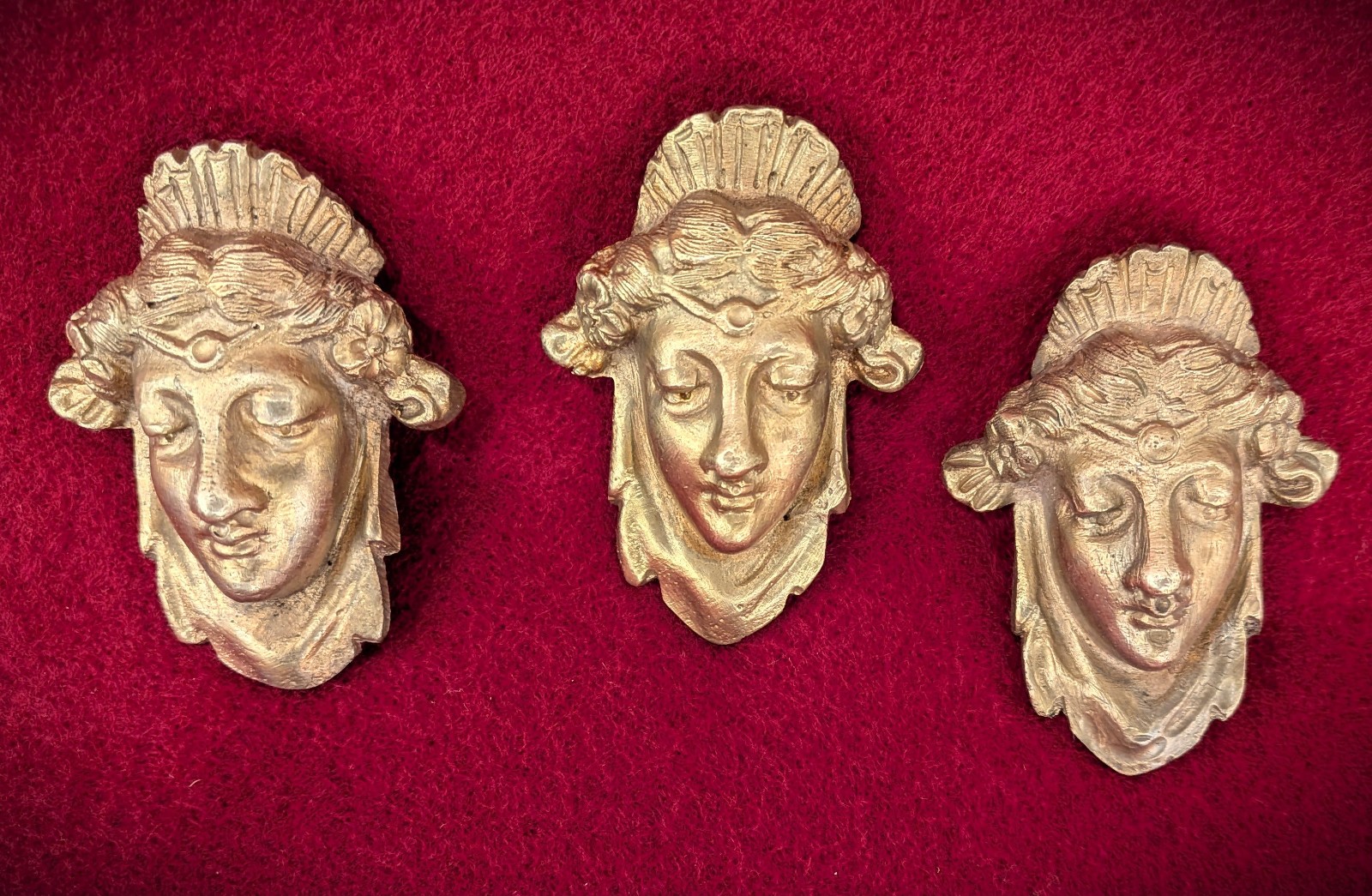 Set of 3 Antique French  Bronze Furniture Lighting Mount Woman  Head Ornaments