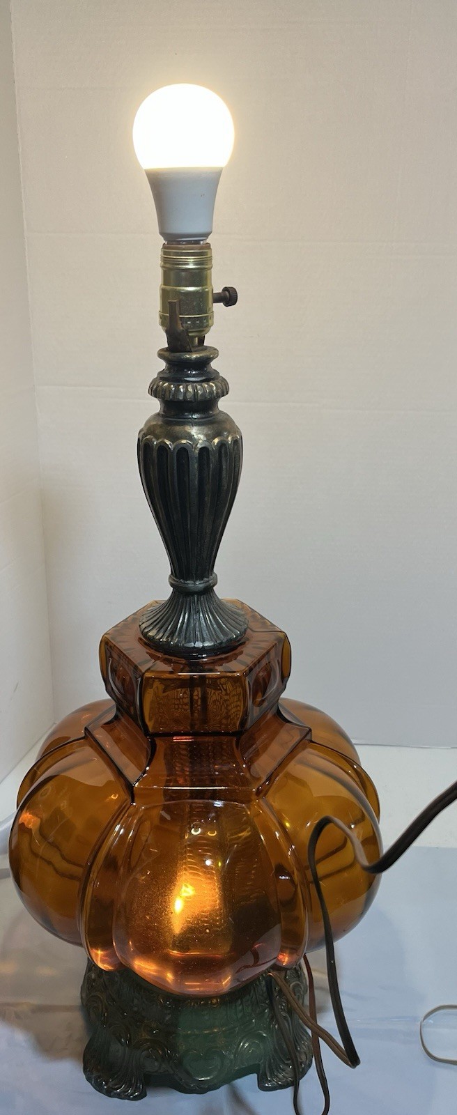 Vintage Amber Glass MCM Hollywood Regency Table Lamp Falkenstein