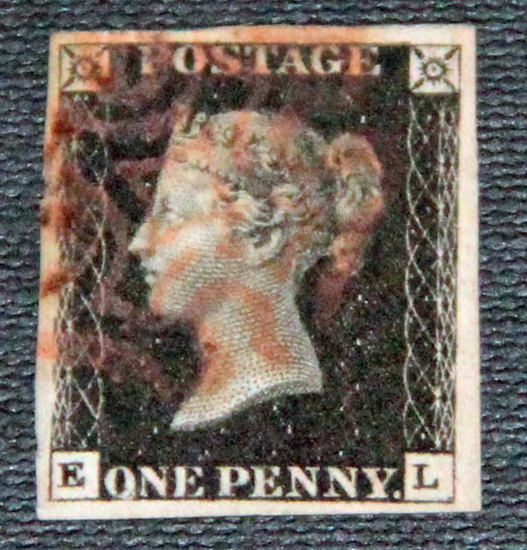 GB QV 1840 1d Penny Black. 4 margins. Red maltese cross EL letters O flaw