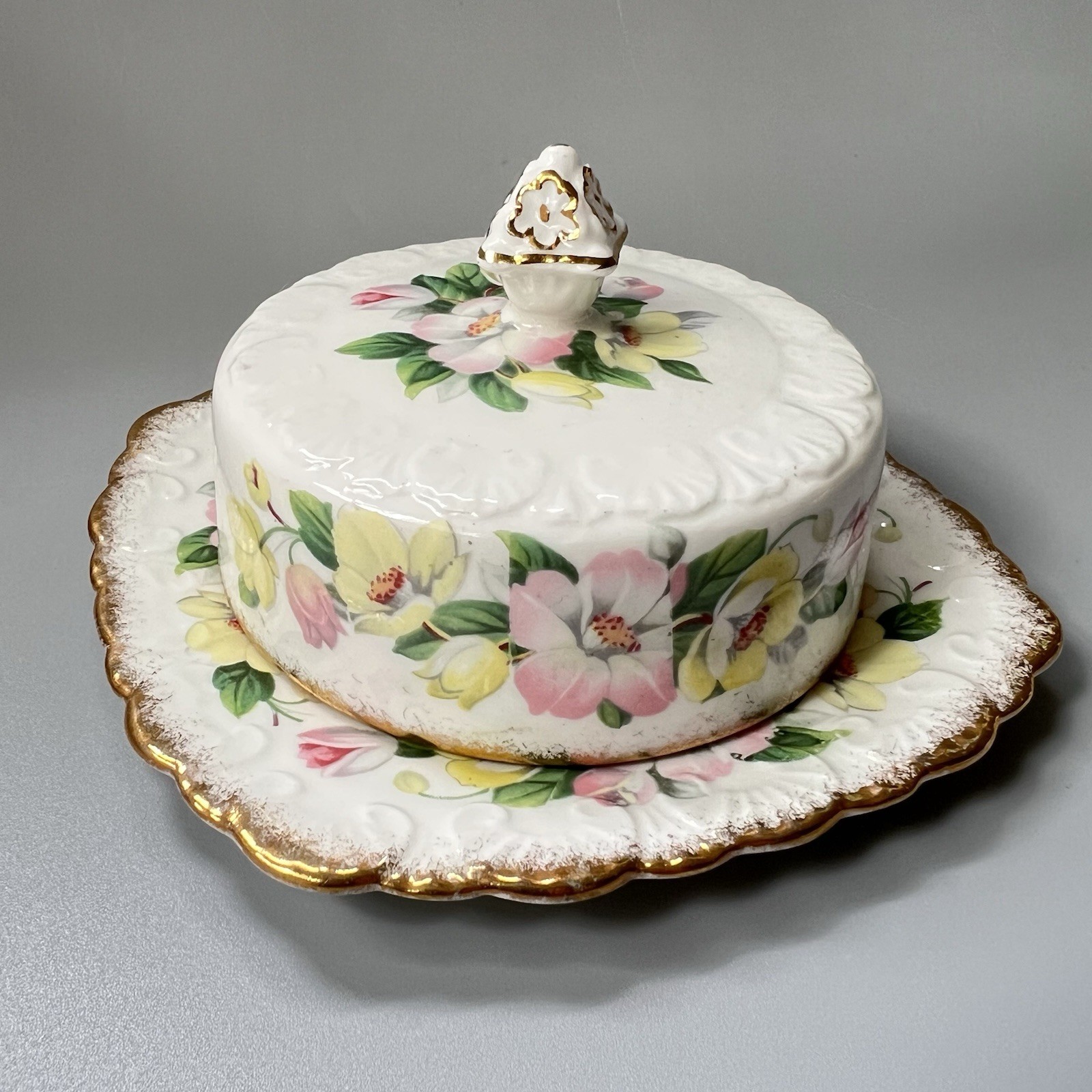 Vtg Royal Stafford Syringa Covered Butter Dish Bone China Gold Gilt England