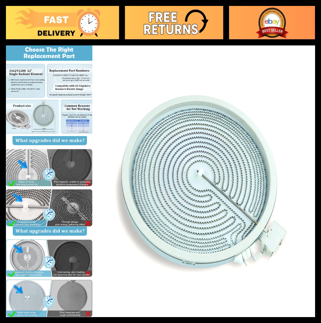 12-Inch Radiant Surface Element for GE Stove, Replacement Cooktop Burner, 316291