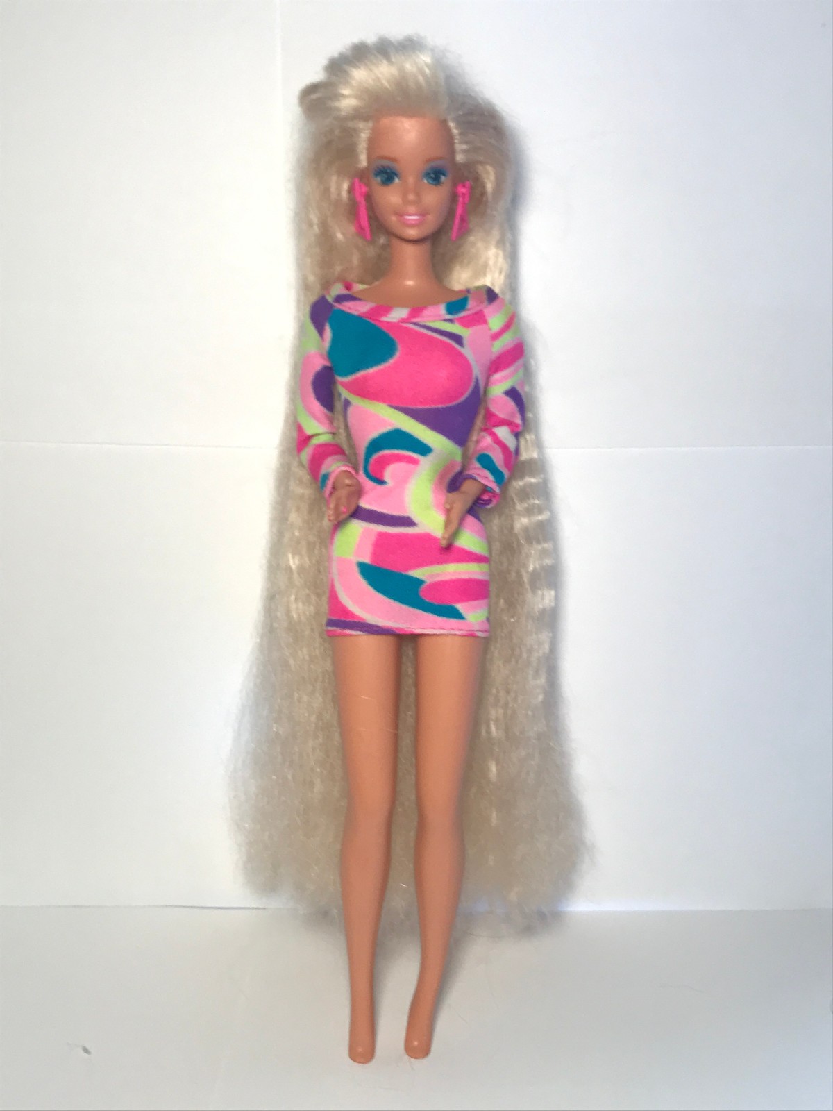 Vintage 1991 Totally Hair Blonde Barbie Doll Original Dress Earrings Ring #1112