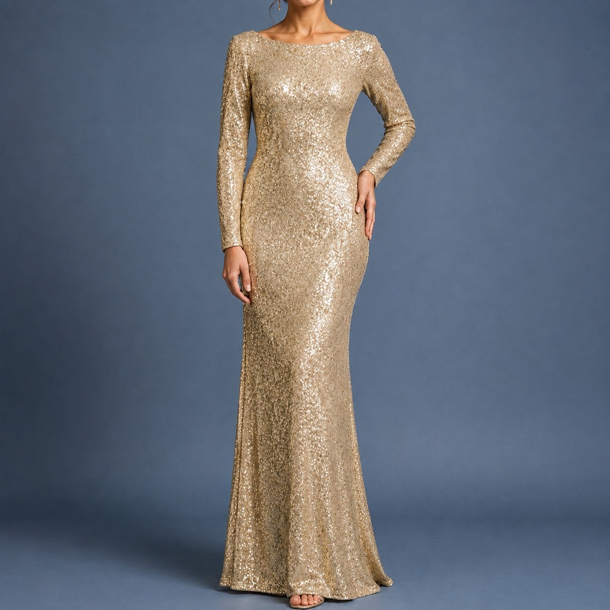 Sorella Vita 8848 Gold Sequin Long Sleeve Bridesmaid Gown Size 12 NWT