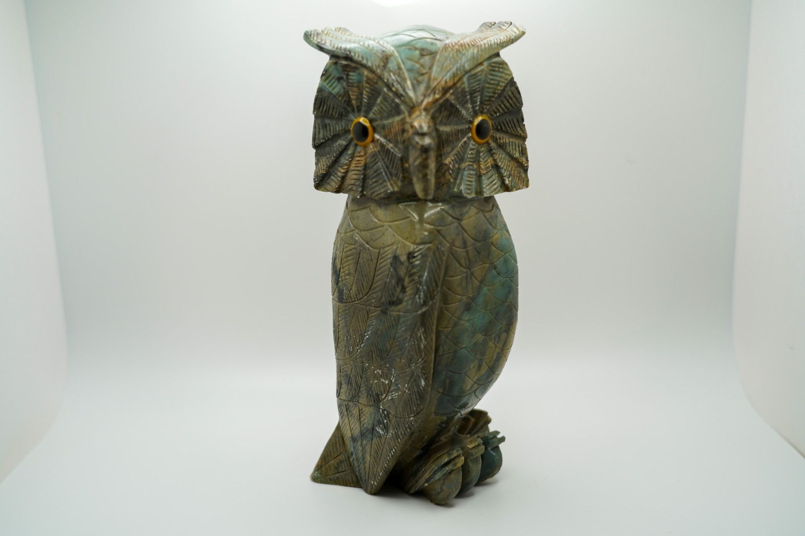 Vintage Carved Jasper OWL Statue Yellow Eyes 8.25\
