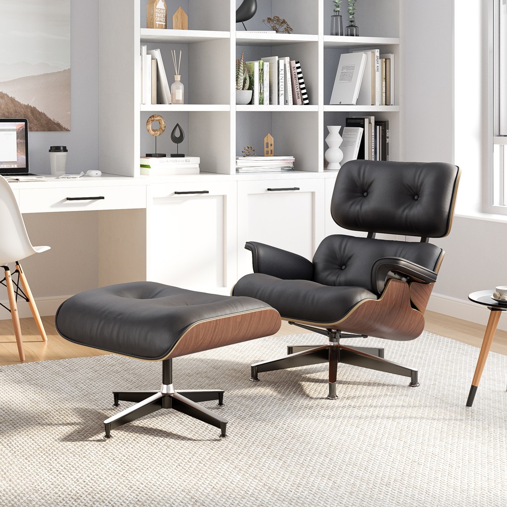 Vintage Tall Eames Lounge Chair and Ottoman Swivel Armchair Real Leather Walnut