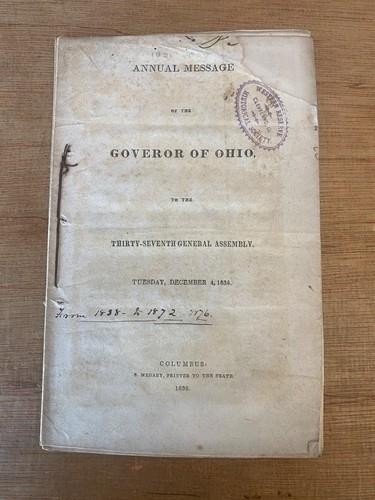 1838 ANNUAL MESSAGE BY GOVERNOR JOSEPH VANCE OF OHIO  Banks Canals Virginia Land