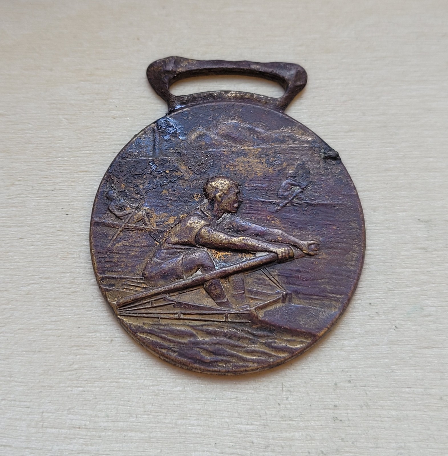 1930s Crew Sculling Rowing Brass Medal Watch Fob Rower In Single Scull Boat