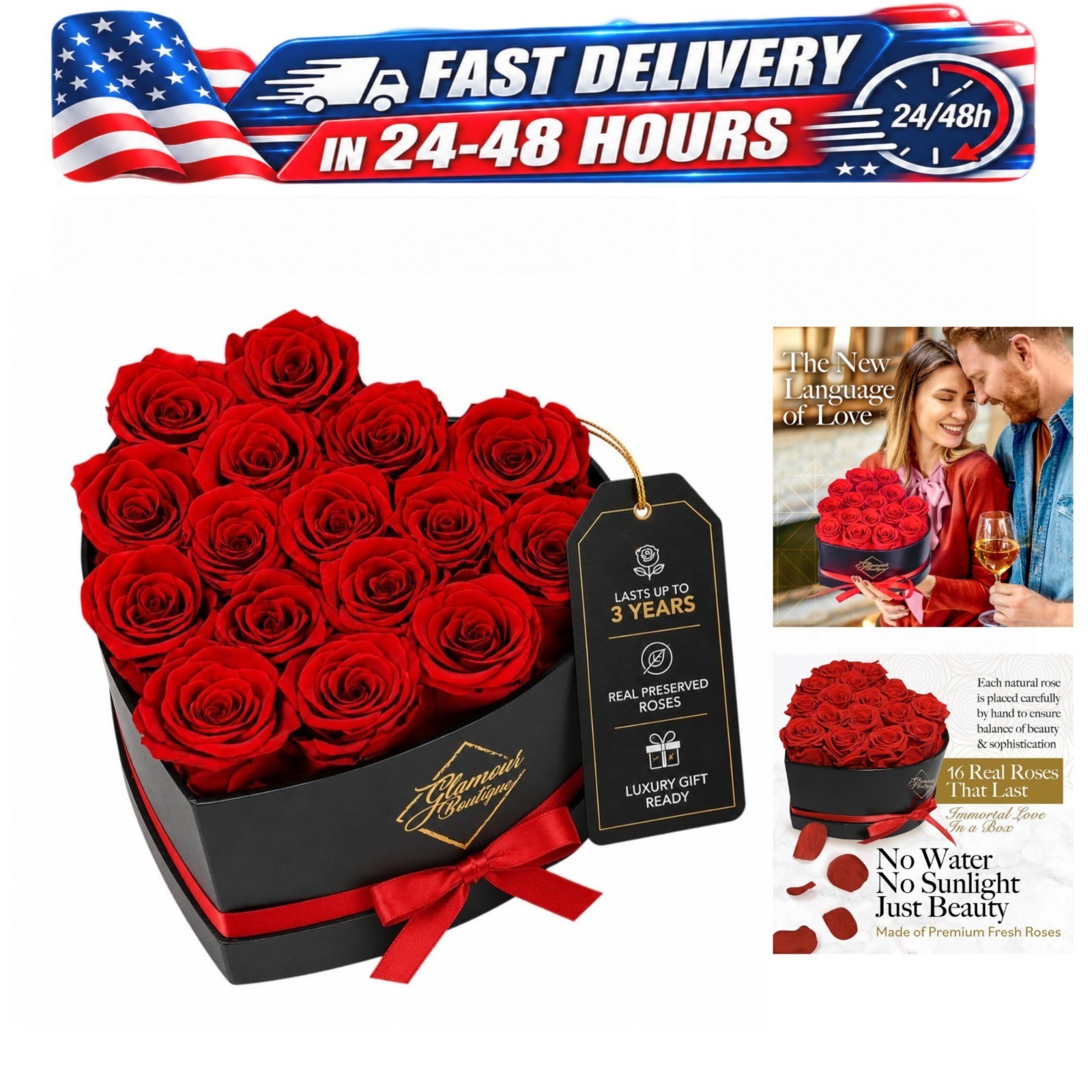 Preserved Red Roses 16 Forever Roses in Heart Gift Box GLAMOUR BOUTIQUE