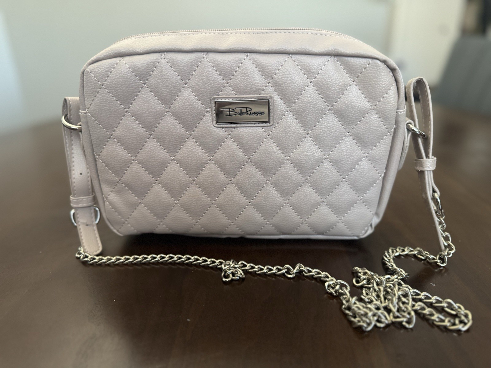 Bella Russo Women’s Pink Quilted Crossbody Bag, Zip, Chain & Detachable Strap