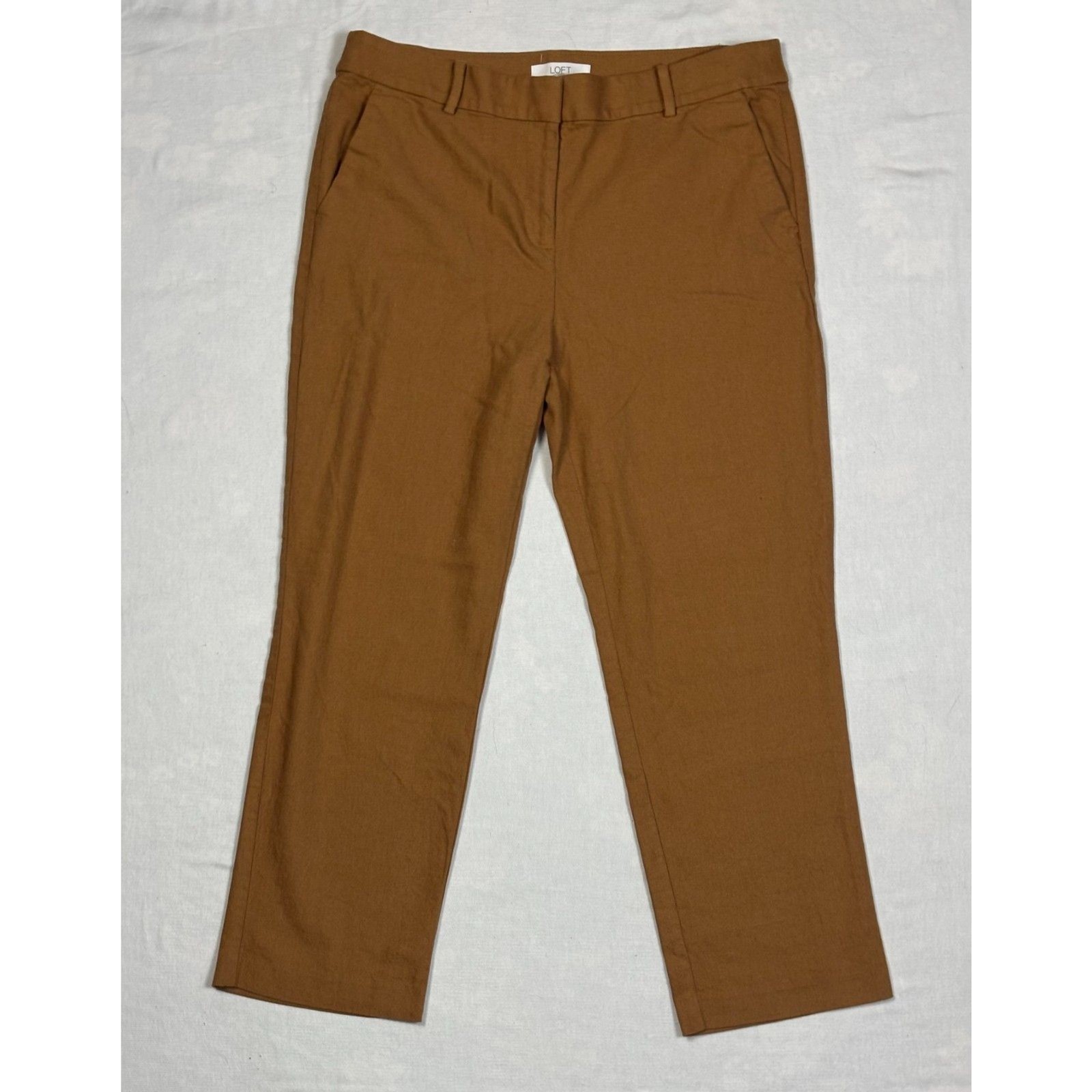 LOFT The Riviera Slim Cotton Linen Blend Ankle Trousers – Tan/Camel – Size 10