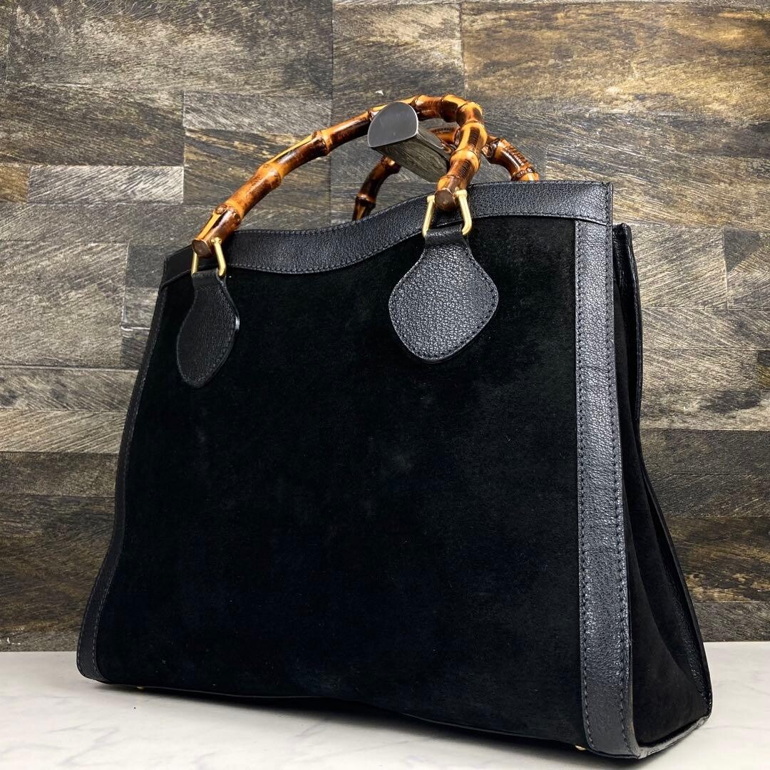Gucci Diana Bamboo Handle Black Suede Leather Top Handle Bag Vintage Large
