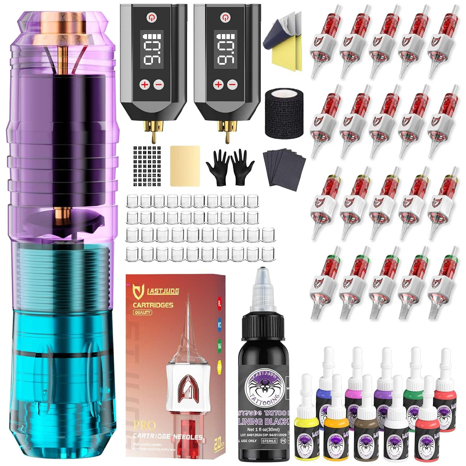 Tattoo Pen Kit Wireless Tattoo Kit Gun Kit with 2Pcs 1500Mah Batteries 11Pcs Ink