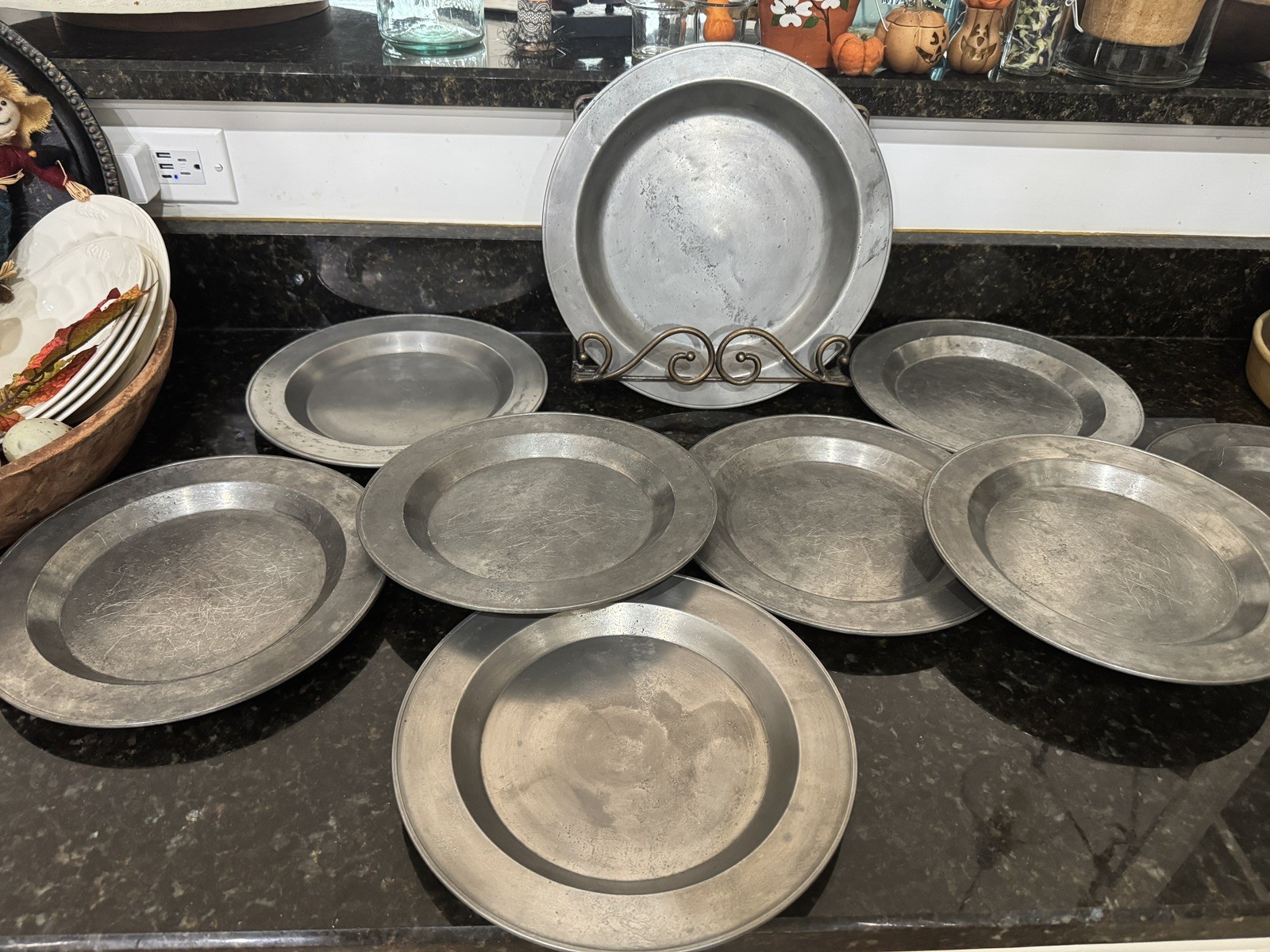 Vintage Set of 8 Pewter 10” Dinner Plates and Charger 12” FB Touchmark