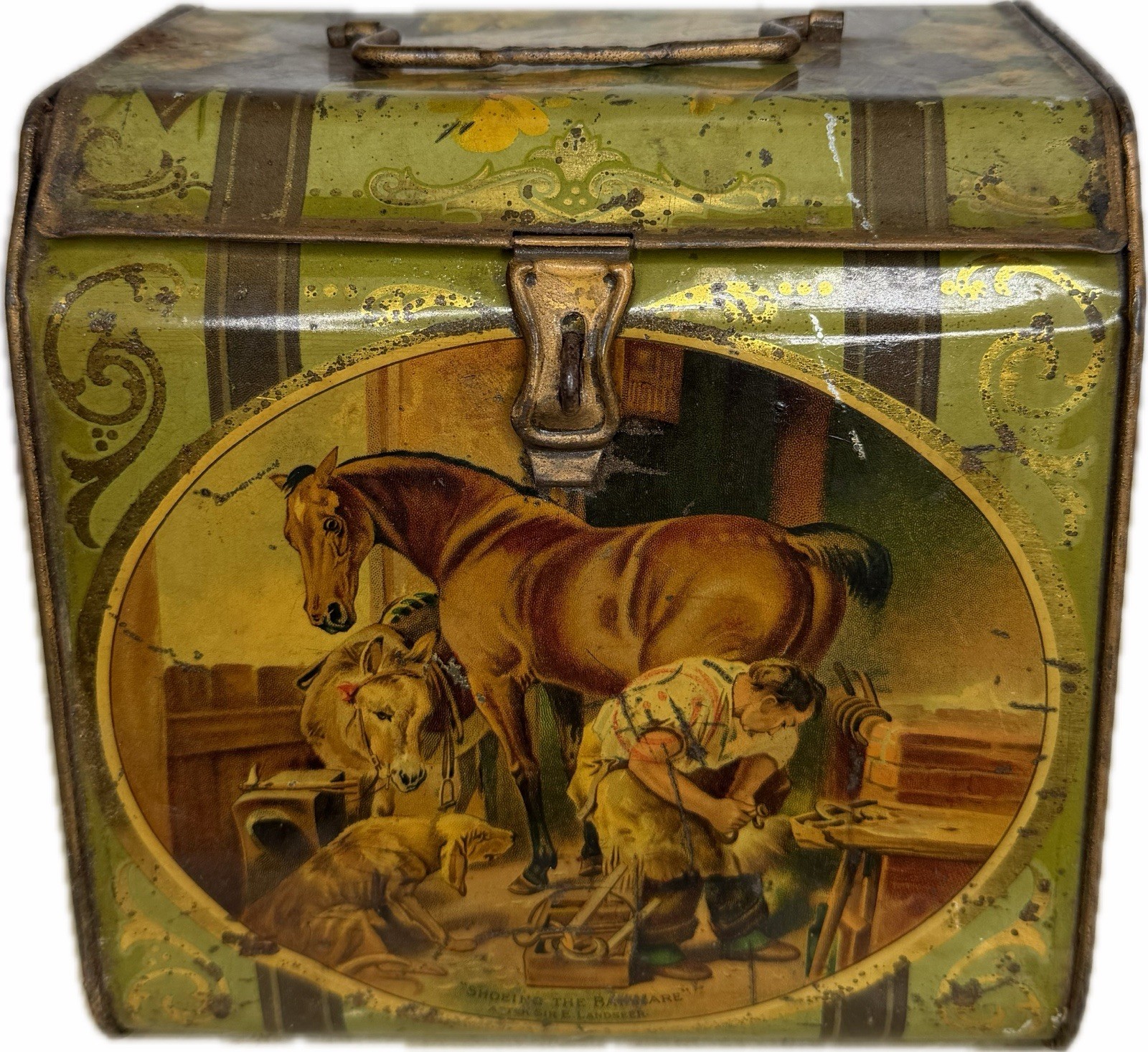 Antique Biscuit Tin Litho Box Horse Shoeing Bay Mare Dignity Impudence Tobacco