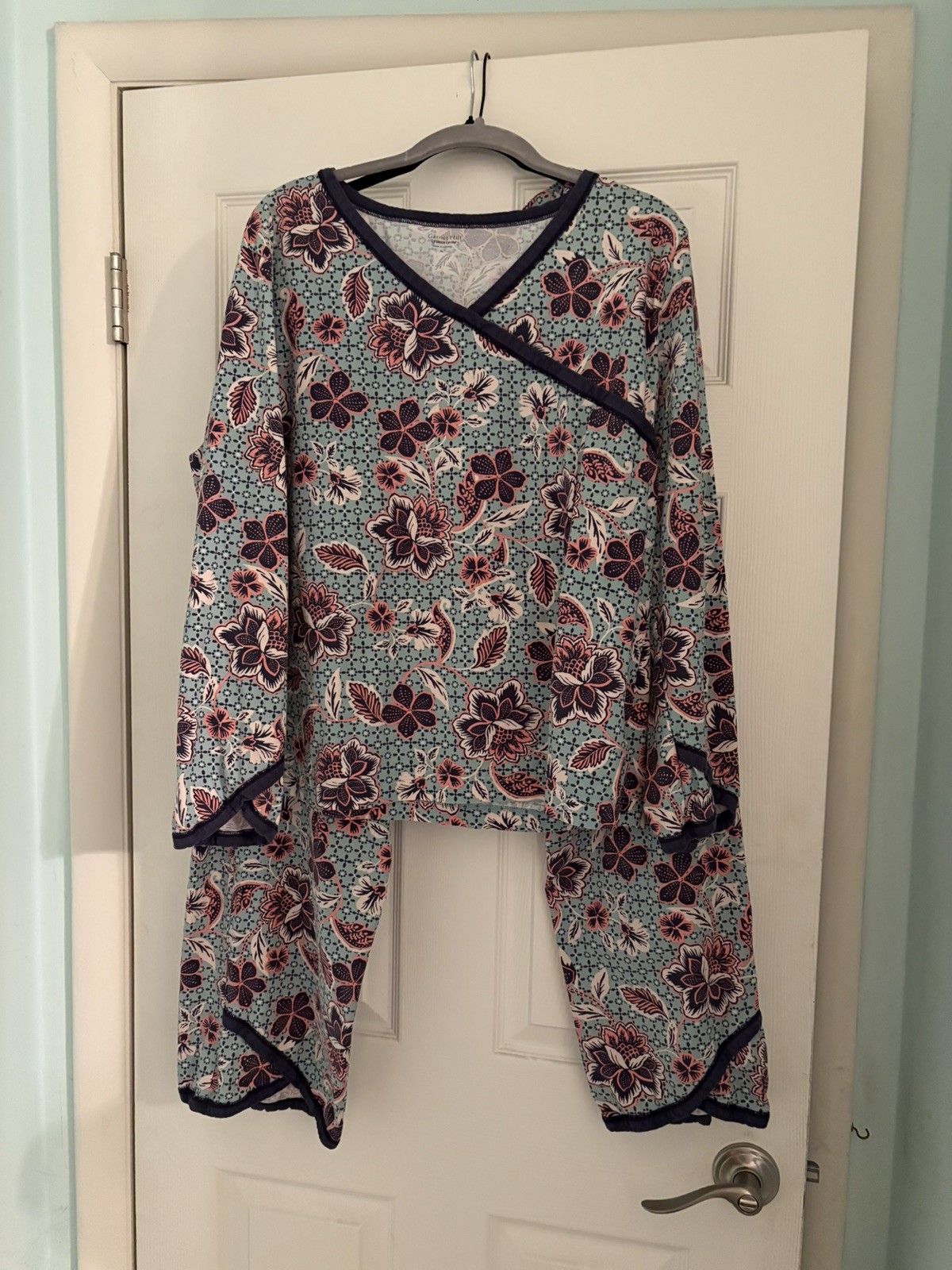 Garnet Hill Asian Wrap Pajamas XL Aqua & Coral Long Sleeve Organic Cotton