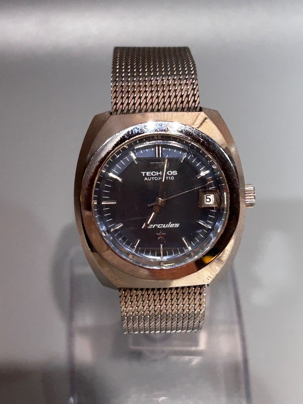 TECHNOS Hercules Automatic Vintage Men's Watch Blue Dial 1970s SS Milanese Runs