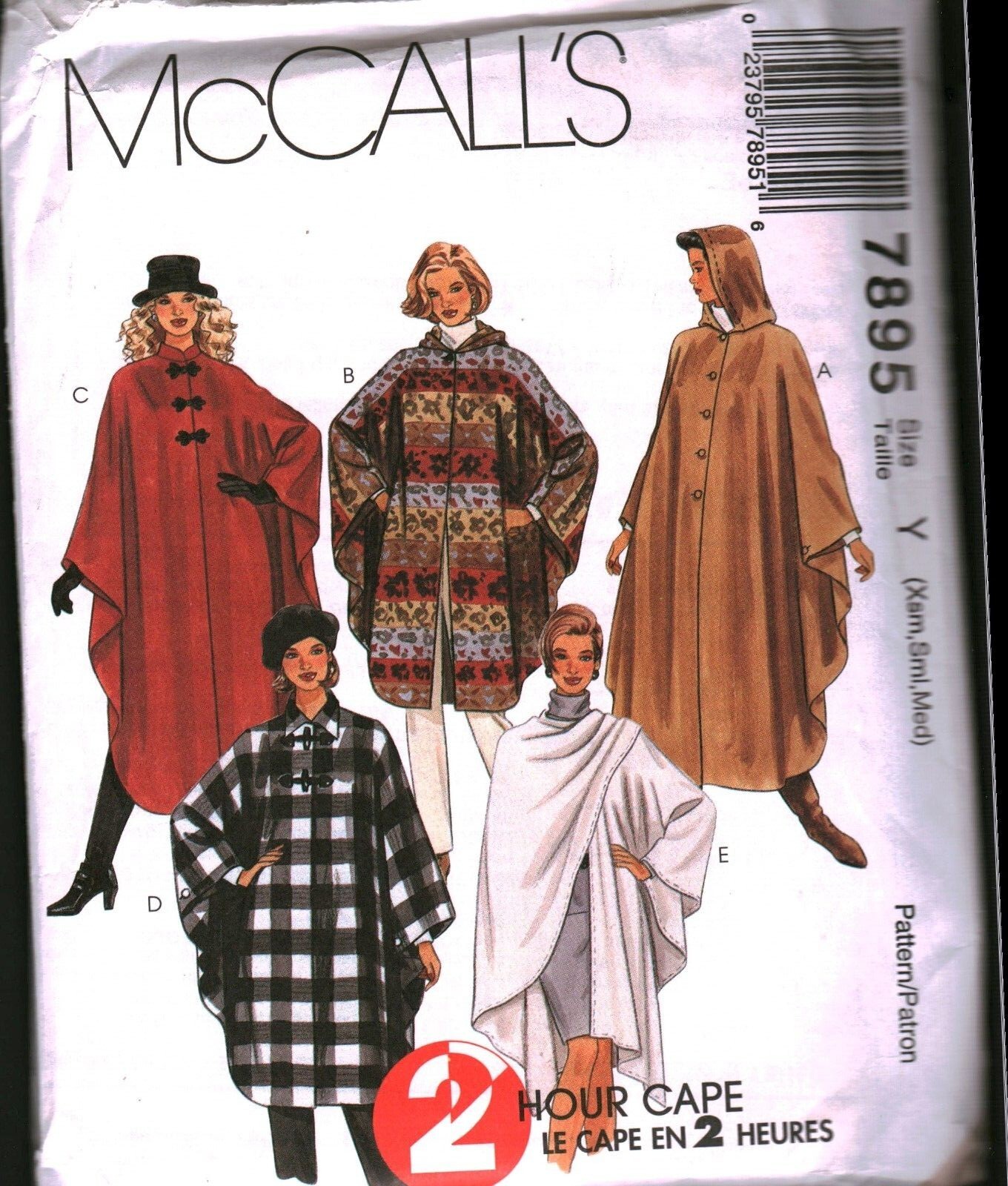 7895 Vintage McCalls SEWING Pattern Misses 90s Front Buttoned Cape Poncho UNCUT
