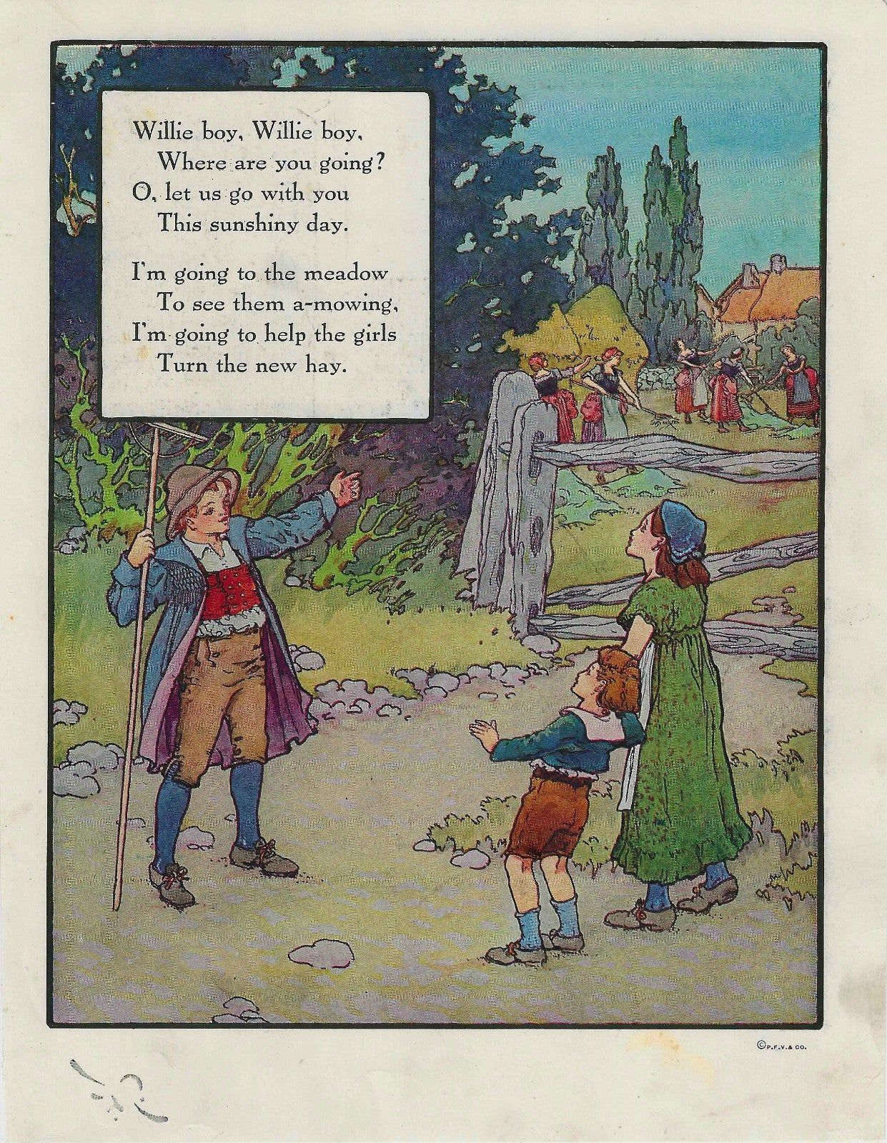 Antique Willie Boy Mother Goose Rhyme Art Print 1915 Dual Sided 8 x 10.5