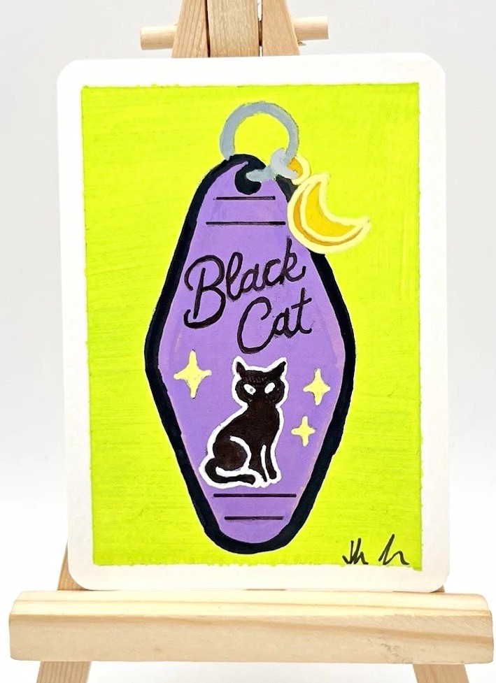 Mystical Black Cat Hotel Key Chain Original OOAK Halloween Fall Moon Stars ACEO Mystical Black Cat Hotel Key Chain Original OOAK Halloween Fall Moon Stars ACEO