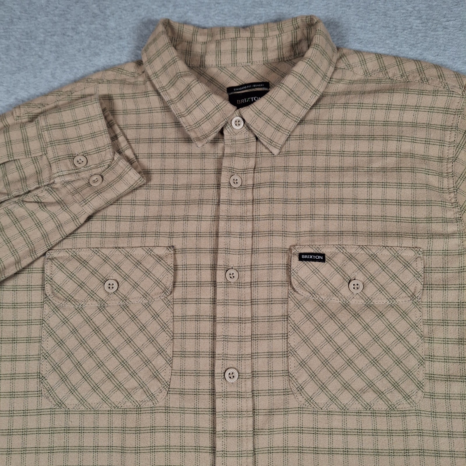 Brixton Bowery Flannel Shirt Men Large Beige Olive Green Plaid Flap Pockets Brixton Bowery Flannel Shirt Men Large Beige Olive Green Plaid Flap Pockets