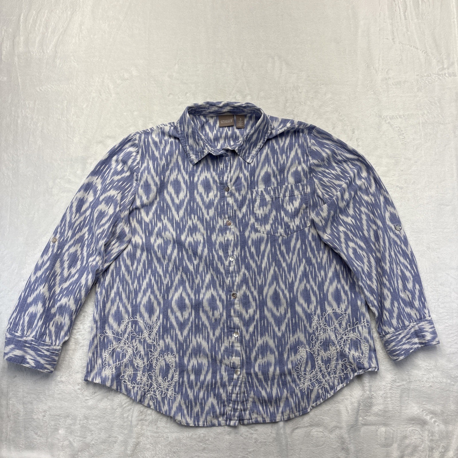 Chico\'s Size 3 Blue Ikat Cotton Shirt Floral Embroidery Boho Artisan Plus