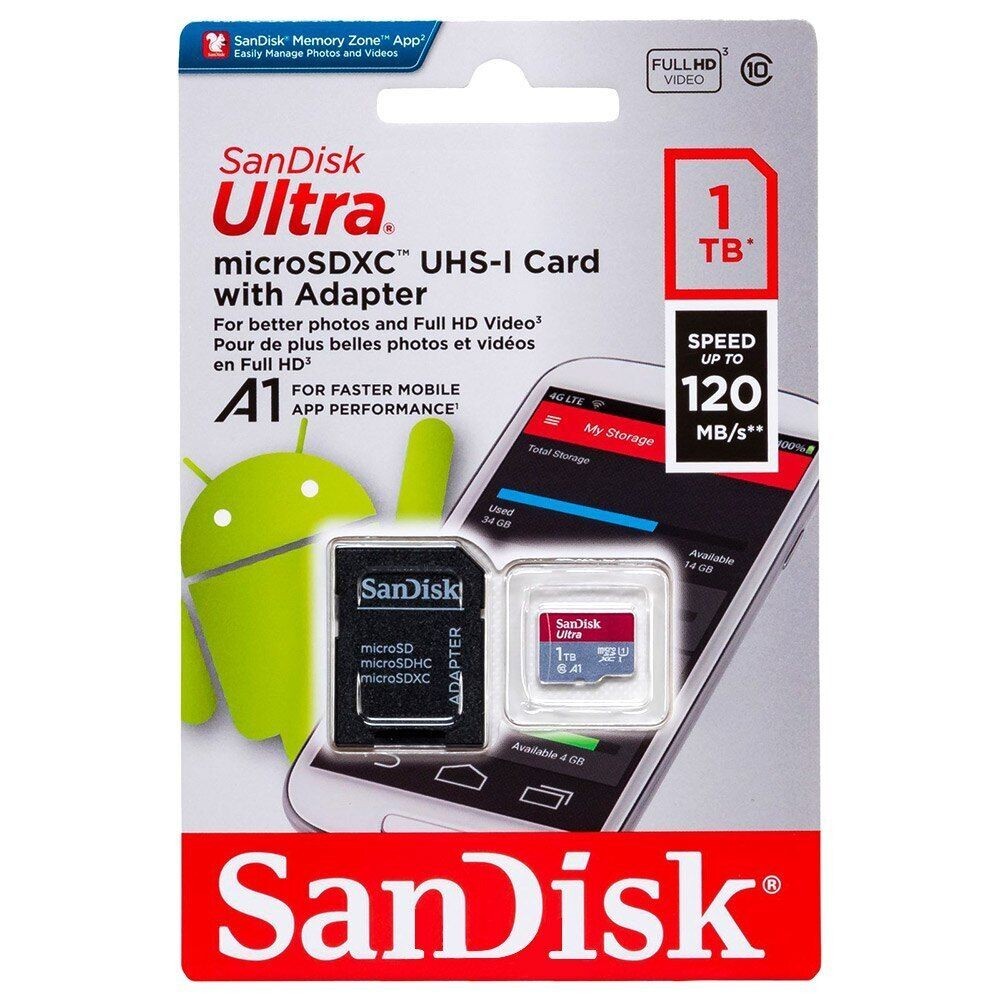 SanDisk Ultra 1TB Micro SD SDXC C10 A1 UHS-1 4K HD 120MB/s Memory Card - New SanDisk Ultra 1TB Micro SD SDXC C10 A1 UHS-1 4K HD 120MB/s Memory Card - New
