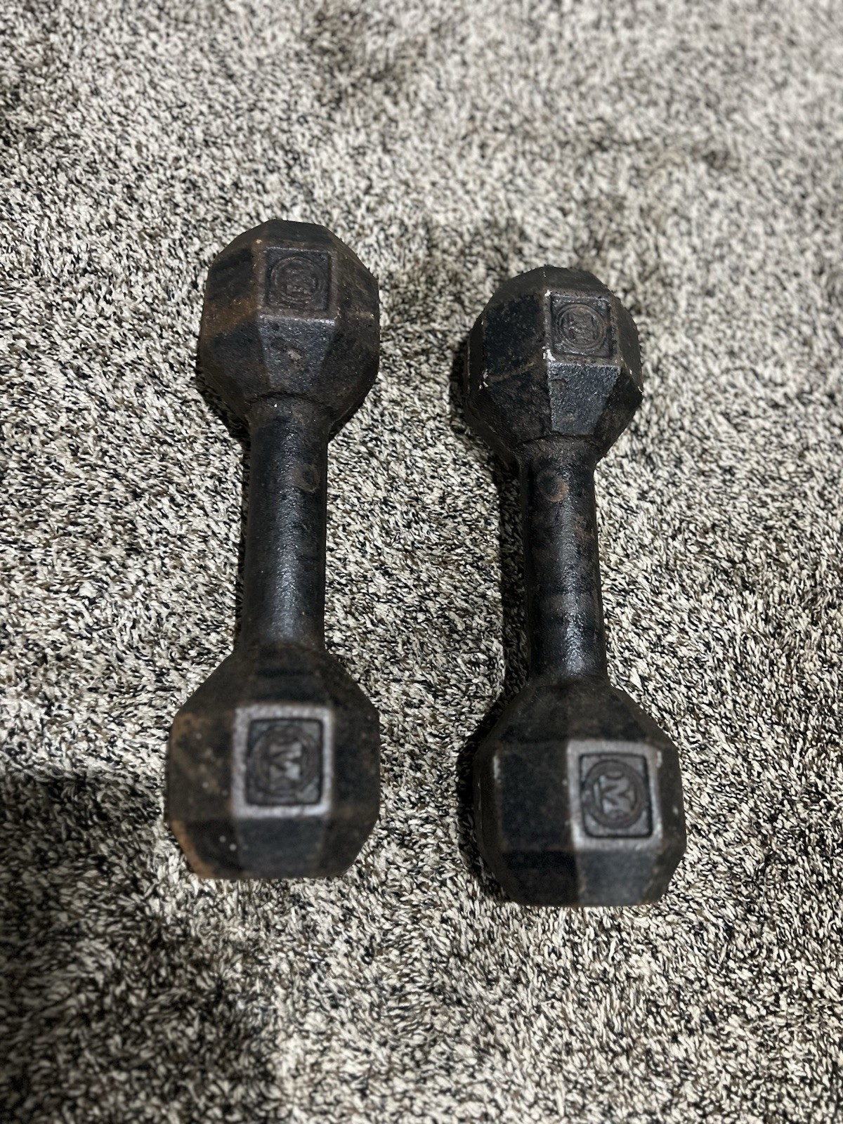 Two Vintage MARCY 20 lb Barbells Octagonal Dumbbells Weights Rare - Pineapple