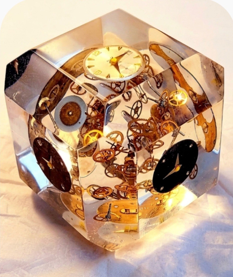 Vintage Faceted CYMA Swiss Watch Parts Lucite 3 in Cube Paperweight Art MCM 60s