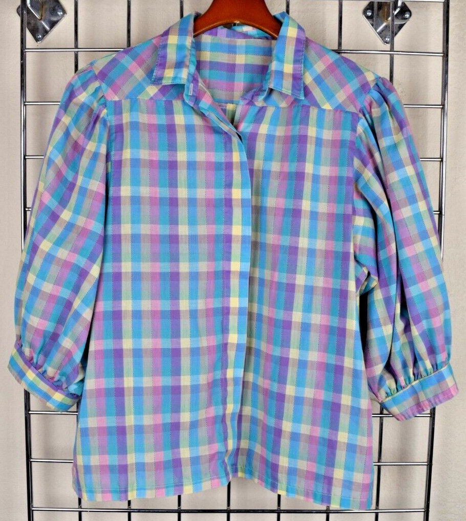 VTG Country Plaid Top Womens S/M 70s Soft Purple Yellow Turquoise Balloon Sleeve