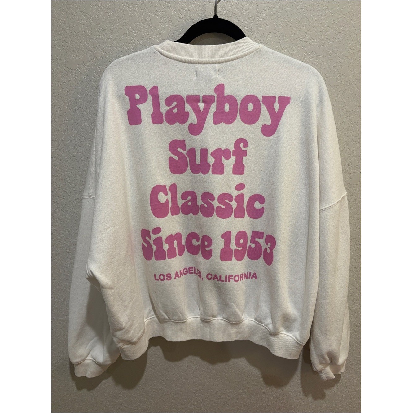 PLAYBOY x Pacsun White Crewneck Sweatshirt with Pink Surf Graphic