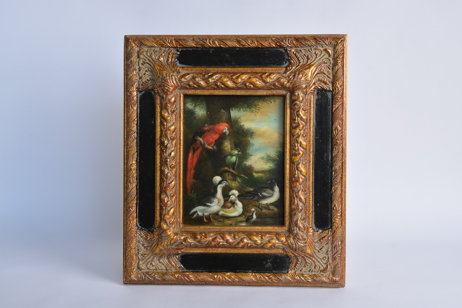 Original Oil Painting Signed Byron Tropical Birds Macaw Ducks Gilt Framed Art