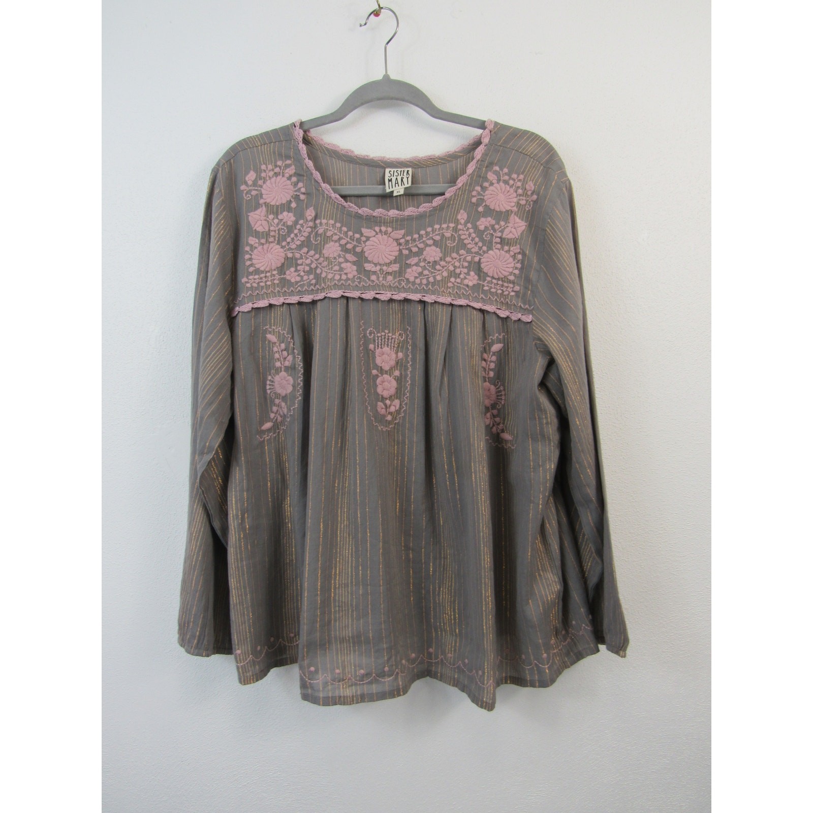Sister Mary XL Gray Boho Blouse Pink Embroidery Metallic Stripes Long Sleeves