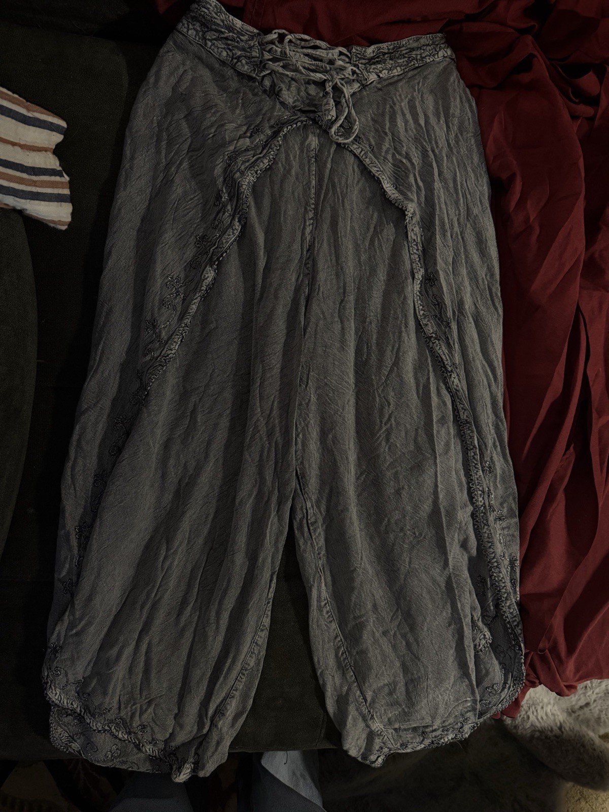 100% Viscose Womens Wrap Pants From India, Grey With Embroidered Edging ONE SIZE