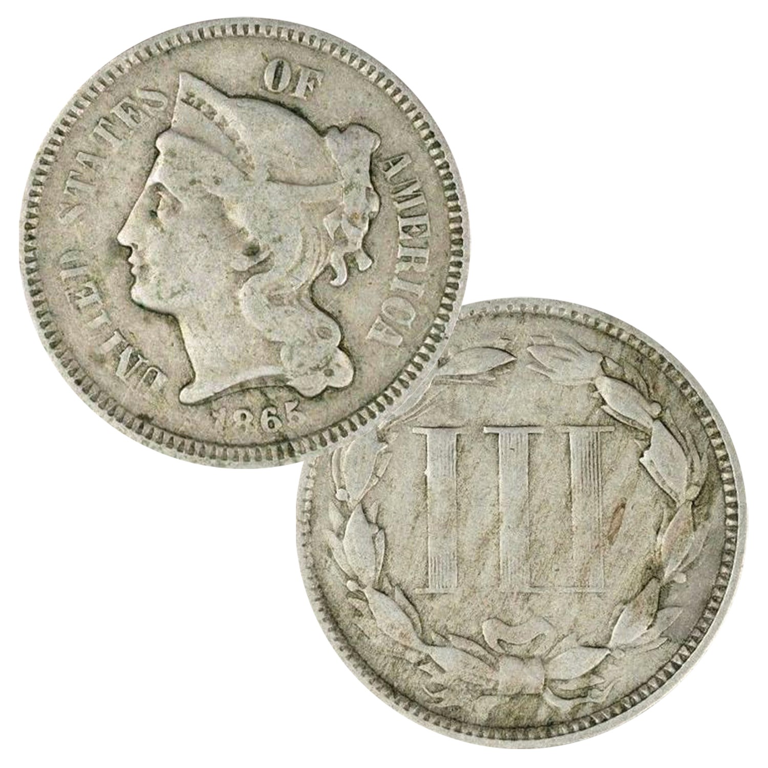 1865 Three Cent Nickel In Circulated Condition 1865 Three Cent Nickel In Circulated Condition