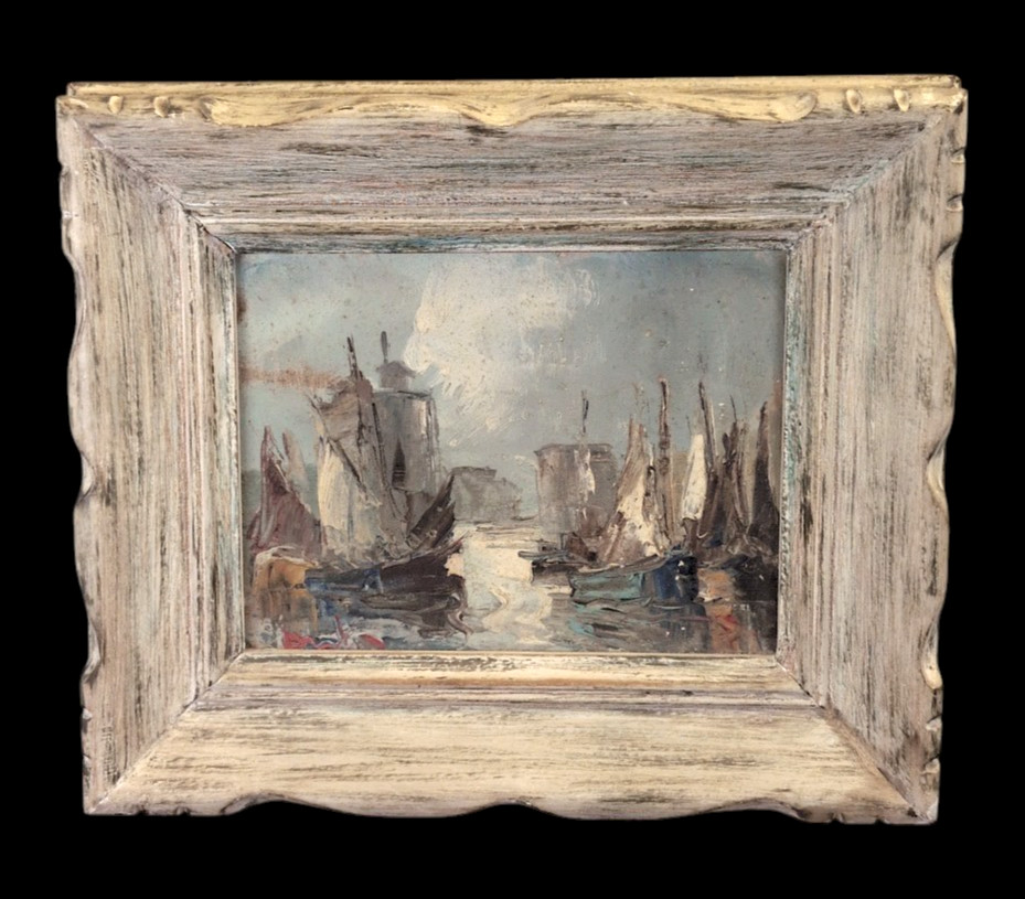 1940s Original Oil Painting on Board | Harbor Fishing Boats Framed Italy