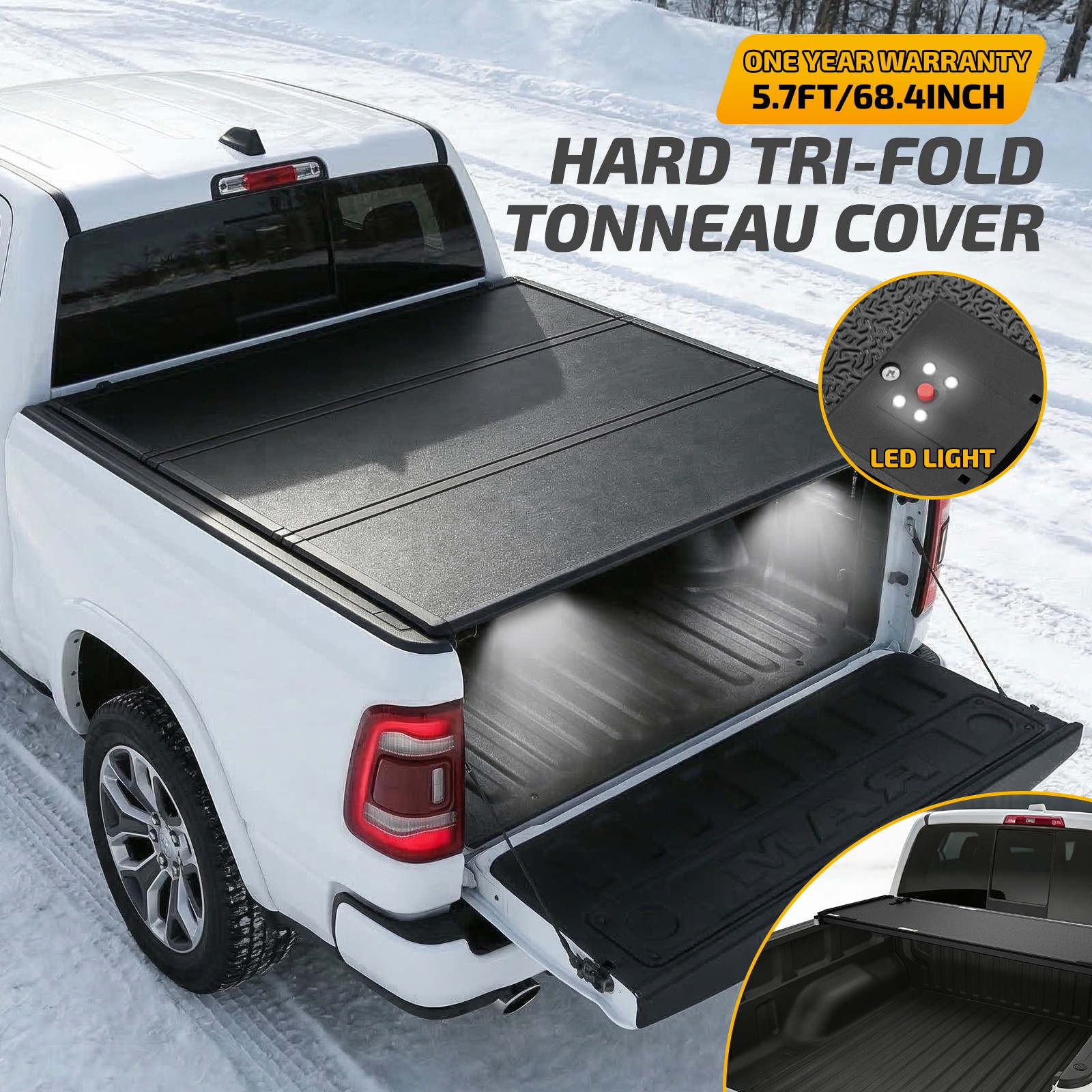 5.7FT Hard Tri-Fold Tonneau Cover For 2009-2026 Ram 1500 Truck Bed No Drill