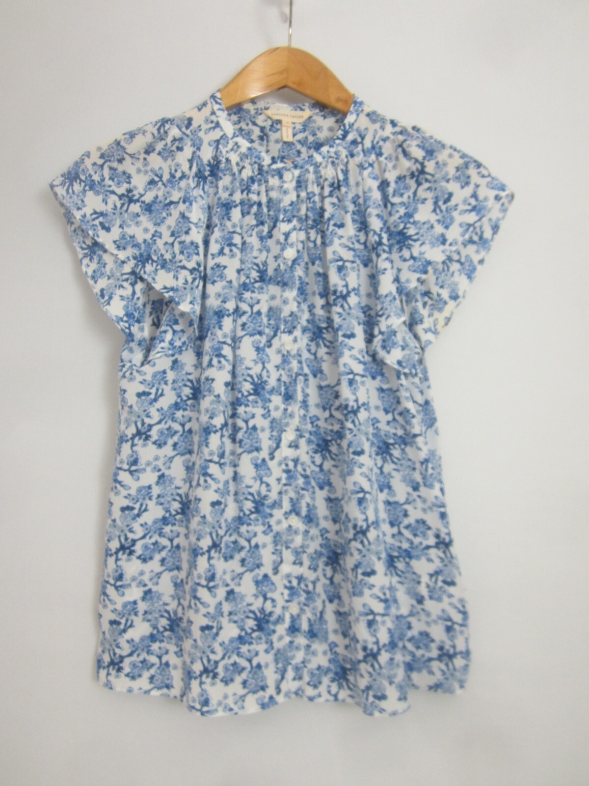 Rebecca Taylor Womens 8 Blue Ivory Floral Smocked Cap Sleeve Shirt Sheer Cottage