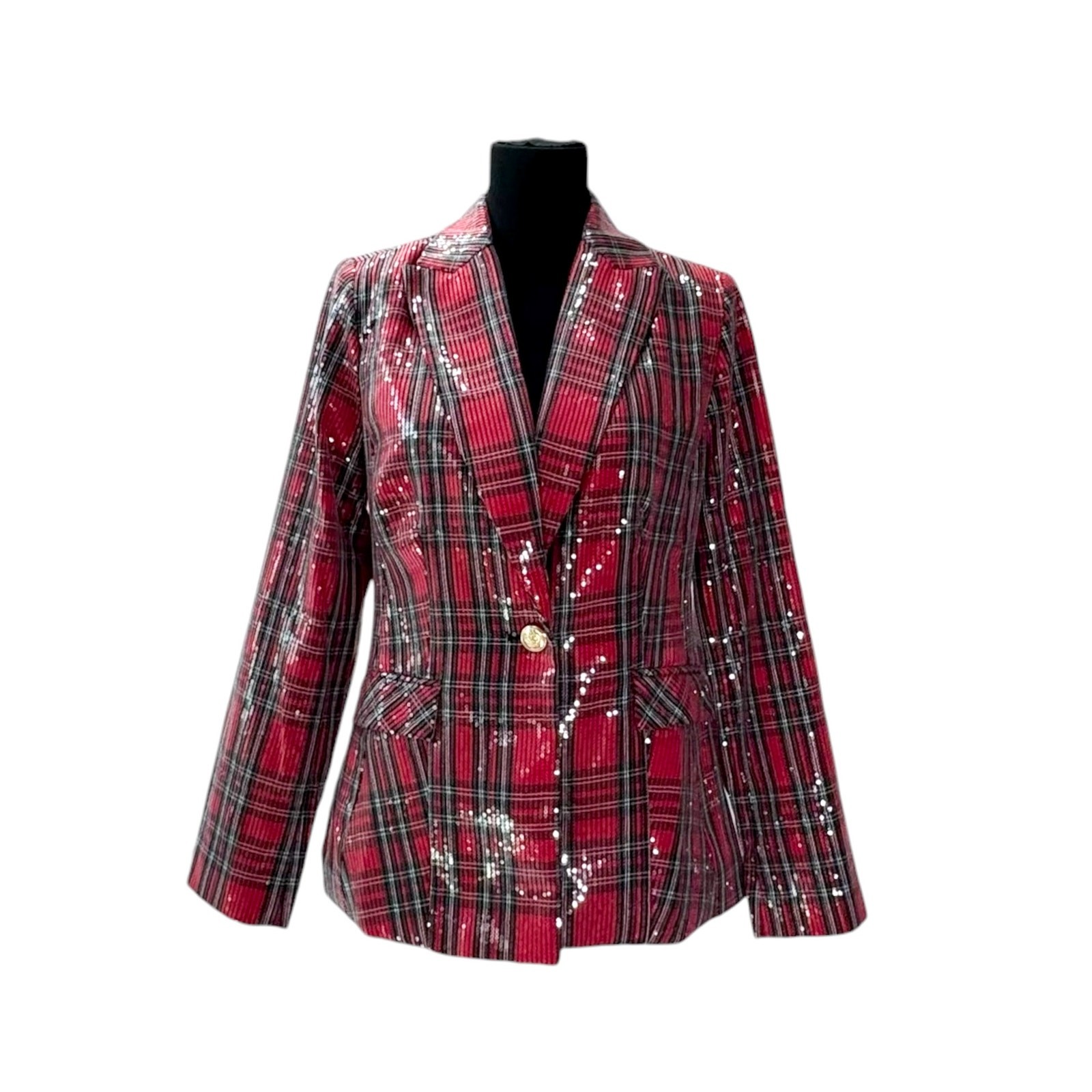 CATO Collection Limited Edition Red Plaid Sequin Statement Blazer Women\'s XS