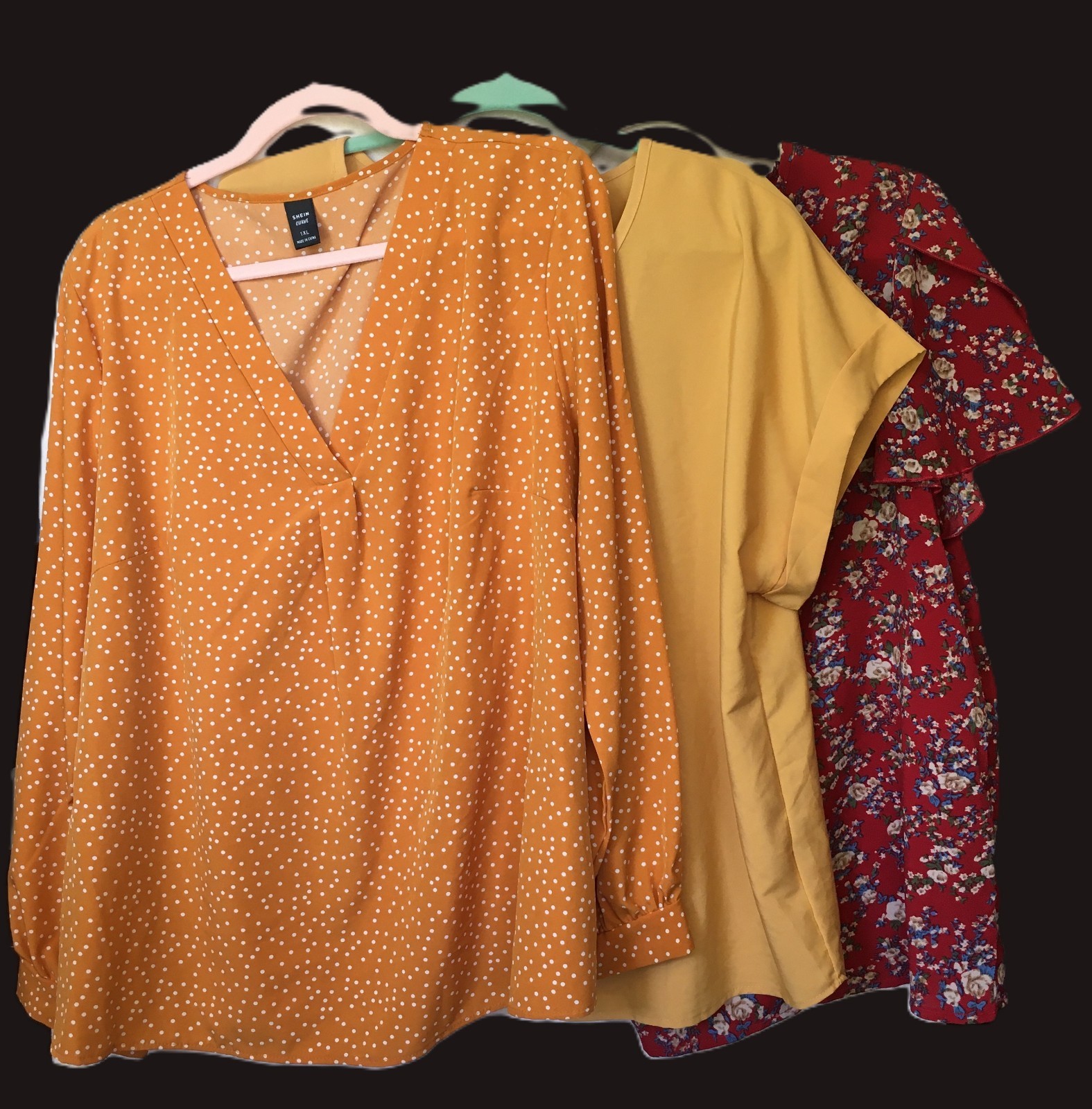 NWOT SHEIN Curve Plus Size Blouse Lot 3 Pack Mustard Polka Dot RedFloral 0XL-1XL NWOT SHEIN Curve Plus Size Blouse Lot 3 Pack Mustard Polka Dot RedFloral 0XL-1XL