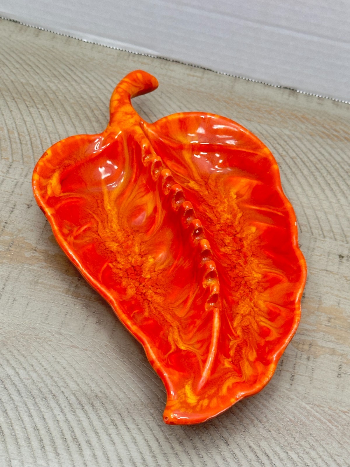 Mid Century Modern Ash Tray  Ceramic Leaf Orange Gold USA 2220