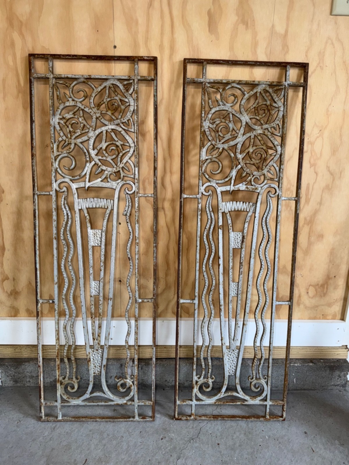 Pair French Art Nouveau Iron Grilles – Vase/Rose Motif Panels